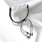 Çiçek Şekilli Bordo Renk Kadın Deri Choker Tasma Kolye Gümüş Kaplama Ayarlanabilir Choker - 3