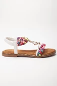 Kadın DÜz Topuklu Sandalet Beyaz Örgü Bantlı Çiçek Tokalı thumbnail 3
