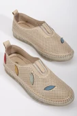 Hakiki Deri Ortopedik Kadın Günlük Ayakkabı Bej Lazer Yaprak Desenli thumbnail 1