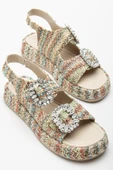 Kadın Dolgu Topuk Sandalet Nude Çift Bantlı Hasır Malzeme Taşlı Tokalı thumbnail 1