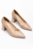 Kadın Stiletto Nude Kalın Topuklu Yılan Baskılı Simetrik Kesim - 1