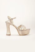 Çapraz Taşlı 40mm Gold Kadın Platform Topuklu Abiye Ayakkabı - 3