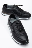 Hakiki Deri Erkek Günlük Ayakkabı Siyah Elastik Bağcıklı İnce Taban thumbnail 1