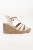 Kadın Dolgu Topuk Sandalet Ayakkabı Bej 3 Bantlı Baretli thumbnail 3