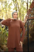 O Yaka Kısa Tunik Pantolon Sade İkili Tesettür Eşofman Takımı - (38-46) - 71219 - Kahverengi thumbnail 3