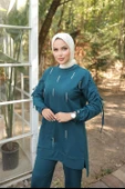 O Yaka Koldan Bağcıklı Taş Detaylı İkili Tesettür Eşofman Takımı - (38-46) - 71208 - Koyu Petrol thumbnail 3