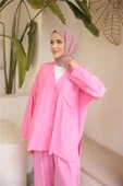 V Yaka Düğmeli Cepli İkili Tesettür Eşofman Takımı - (38-46) - 71244 - Fuşya thumbnail 4