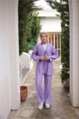 V Yaka Bağcıklı İkili Tesettür Eşofman Takımı - (38-46) - 71243 - Lila thumbnail 1