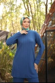 O Yaka Kısa Tunik Pantolon Sade İkili Tesettür Eşofman Takımı - (38-46) - 71219 - İndigo - 3