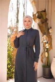 Belden Bağcıklı Düpmeli Uzun Tunik Gömlek - (38-46) - 71255 - Antrasit - 4