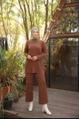 O Yaka Kısa Tunik Pantolon Sade İkili Tesettür Eşofman Takımı - (38-46) - 71219 - Kahverengi thumbnail 1