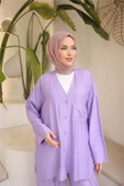 V Yaka Düğmeli Cepli İkili Tesettür Eşofman Takımı - (38-46) - 71244 - Lila thumbnail 5