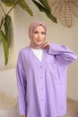 V Yaka Düğmeli Cepli İkili Tesettür Eşofman Takımı - (38-46) - 71244 - Lila thumbnail 4