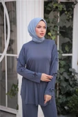 O Yaka Kolları Kurdela Detaylı İkili Tesettür Eşofman Takımı - (38-46) - 71251 - İndigo thumbnail 2