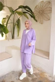 V Yaka Düğmeli Cepli İkili Tesettür Eşofman Takımı - (38-46) - 71244 - Lila thumbnail 2