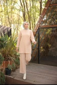 O Yaka Kısa Tunik Pantolon Sade İkili Tesettür Eşofman Takımı - (38-46) - 71219 - Bej - 1