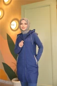 Fermuarlı Kapşonlu Cepli Kapitone Üçlü Takım - (38-46) - 71226 - İndigo - 4