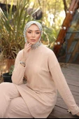 O Yaka Kısa Tunik Pantolon Sade İkili Tesettür Eşofman Takımı - (38-46) - 71219 - Bej - 3