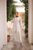 Yarım Fermuarlı Yaka Logo Baskılı Tunik - (38-46) - 71245 - Krem - 3