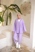 V Yaka Düğmeli Cepli İkili Tesettür Eşofman Takımı - (38-46) - 71244 - Lila thumbnail 1