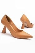 Cilt İnce Topuk Camel Büyük Numara Kadın Ayakkabısı Topuklu Stiletto thumbnail 1