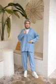 V Yaka Düğmeli Cepli İkili Tesettür Eşofman Takımı - (38-46) - 71244 - İndigo thumbnail 2