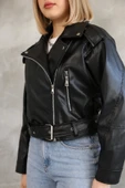 Kemerli Crop Deri Oversize Kadın Yeni Sezon Ceket - 8