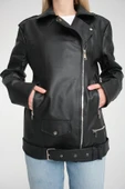 Kemerli Oversize Uzun Kadın Deri Ceket - 8