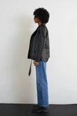 Uzun Deri Ceket Kadın Oversize Kesim Kemerli Model - 5