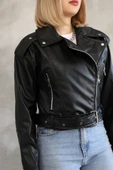Kemerli Crop Deri Oversize Kadın Yeni Sezon Ceket - 6