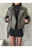 Kemerli Kadın Deri Ceket Yeni Sezon Oversize - 1