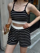 Çizgili şortlu takım siyah s3978 - 2