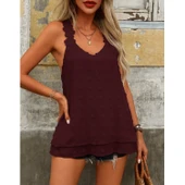 Lucky Life Kadın Dantel Askılı V Yakalı Sırtı çapraz Detaylı Ponpon Bluz - 1