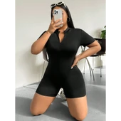 Lucky Life Kadın Kısa Kollu önü Fermuarlı Bodycon Dalgıç Tulum - 7