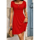 Lucky Life Kadın Kısa Kollu Kare Yakalı Bağcıklı Kaşkorse Elbise - 1