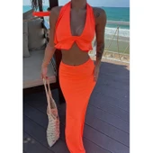 Lucky Life Kadın Mayo Kumaş Bağlamalı Crop Ve Maxi Boy Etek Ikili Takım - 3