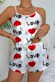 Love Desenli Beyaz Saten Şortlu Gecelik Takım - 3