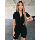 Lucky Life Kadın Kısa Kollu önü Fermuarlı Bodycon Dalgıç Tulum - 2