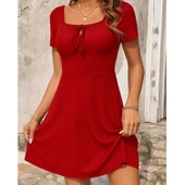 Lucky Life Kadın Kısa Kollu Kare Yakalı Bağcıklı Kaşkorse Elbise - 3