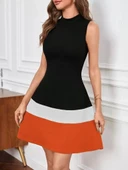 Lucky Life Kadın Sıfır Kol Yarı Balıkçı Yaka şerit Detaylı Ithal Krep Elbise thumbnail 4