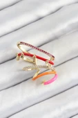 Pirinç Zirkon Taşlı Kırmızı Turuncu Pembe Sıkıştırma Sağ Kıkırdak Gold Renk Kadın Küpe - 1
