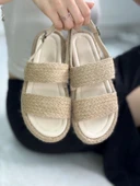 Günlük Kadın Bej Sandalet Hasır Detaylı Bantlı Rahat Dikişli Taban Tokalı Hafif Ayakkabı 058 - 1