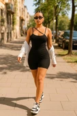 Kadın Asimetrik Askılı Mini Kaşkorse Bodycon Tulum - 1