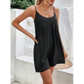 Lucky Life Kadın Ip Askılı Yuvarlak Yakalı Pileli Viskon Tulum thumbnail 2