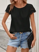 Lucky Life Kadın Kısa Dantel Kollu Bisiklet Yaka Sandy Bluz thumbnail 5