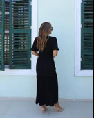 Lucky Life Kadın Kısa Kollu Bisiklet Yakalı Yandan Yırtmaçlı Büzgülü Janjan Krep Elbise thumbnail 5