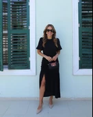 Lucky Life Kadın Kısa Kollu Bisiklet Yakalı Yandan Yırtmaçlı Büzgülü Janjan Krep Elbise thumbnail 7