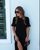 Lucky Life Kadın Kısa Kollu Bisiklet Yakalı Yandan Yırtmaçlı Büzgülü Janjan Krep Elbise thumbnail 1