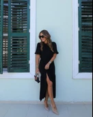 Lucky Life Kadın Kısa Kollu Bisiklet Yakalı Yandan Yırtmaçlı Büzgülü Janjan Krep Elbise thumbnail 2