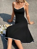 Lucky Life Kadın Ip Askılı Geniş V Yakalı Midi Janjan Krep Elbise thumbnail 5